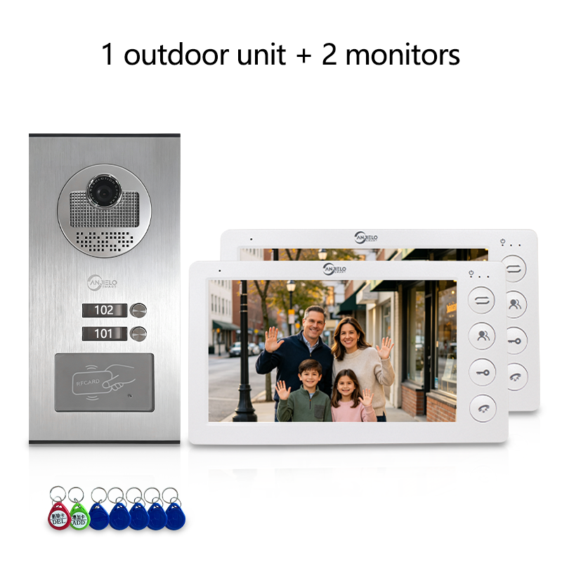 Anjielo 7 Inch Wired Multi Family Video Intercom System 2-12 Units Apartment Building Door Phone with RFID Unlock IP65 Waterproof Outdoor Station
