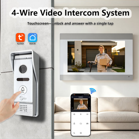 Anjielo 7-Inch 4-Wire Video Intercom System with Tuya WiFi, 1080P HD Camera, Night Vision, Motion Detection & Remote Unlock for Home, Apartment, Villa