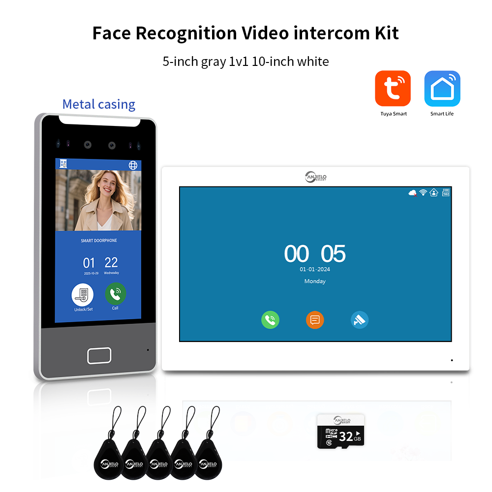 Anjielo Tuya Smart AI facial recognition building IP video intercom system, 5-in-1 Unlock and Connect Multiple Monitors Integrated Solution, suitable for villas/hotels and communities