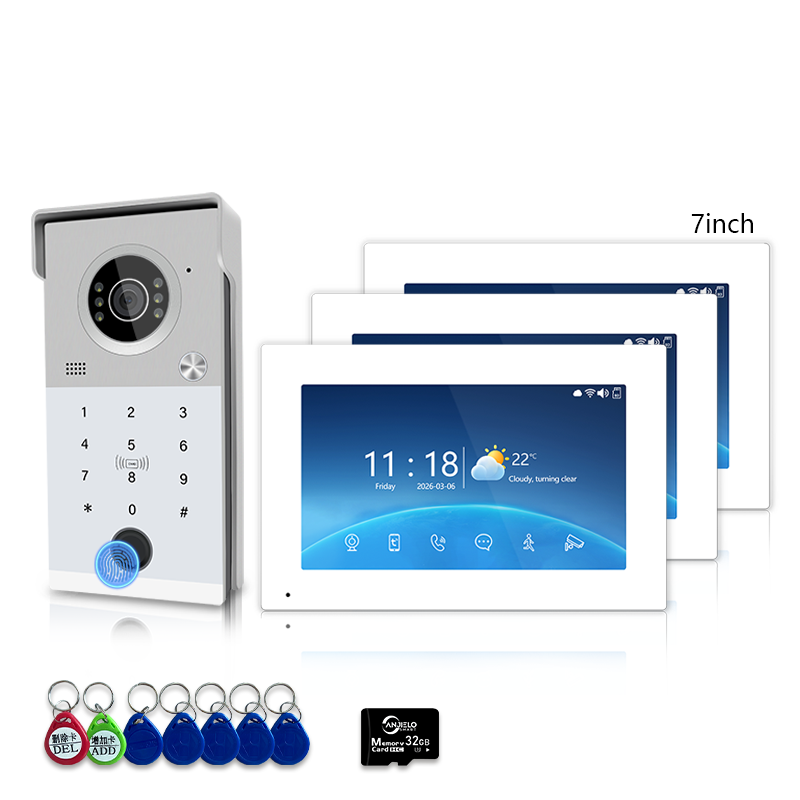 Anjielo 4 Wire Video Intercom System with 7/10 inch Touch Monitor, Digital Photo Frame, Music Playback, 5-in-1 Unlock (Fingerprint/Password/ID Card/Indoor Unit/Tuya App), Motion Detection & Infrared Night Vision for Villa Home