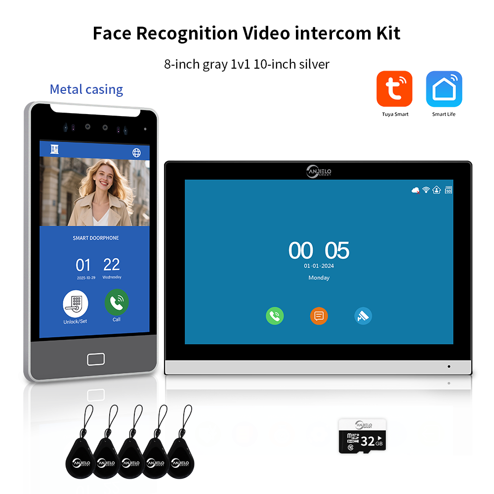 Anjielo Tuya Smart AI facial recognition building IP video intercom system, 5-in-1 Unlock and Connect Multiple Monitors Integrated Solution, suitable for villas/hotels and communities