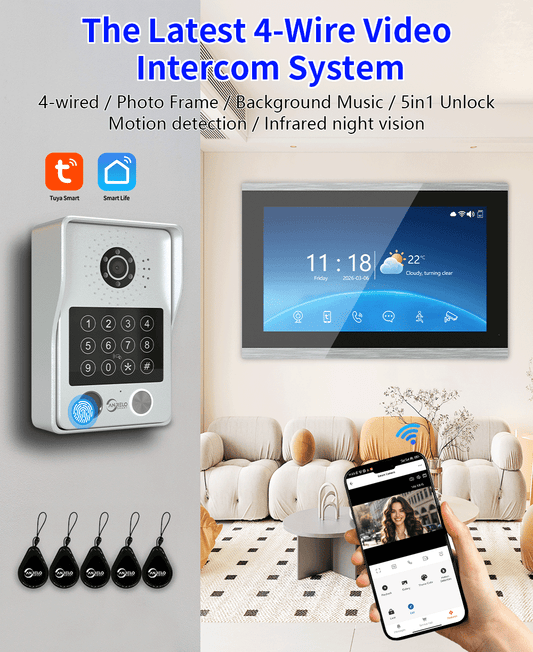 Anjielo Latest 4 wire Video Intercom System Photo Frame Video Doorbell 5 in 1 unlocking with Motion Detection for the Apartment Intercom System for Home Villa