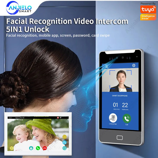 Anjielo Tuya Smart AI facial recognition building IP video intercom system, 5-in-1 Unlock and Connect Multiple Monitors Integrated Solution, suitable for villas/hotels and communities
