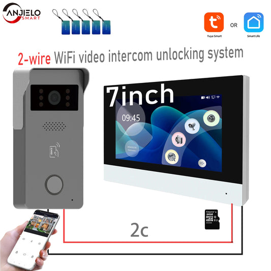 2-wire Video Intercom SystemSmart Home Tuya Wireless Wifi Video Intercom 1080P Video Doorphone 7" Color Touch Screen Doorbell