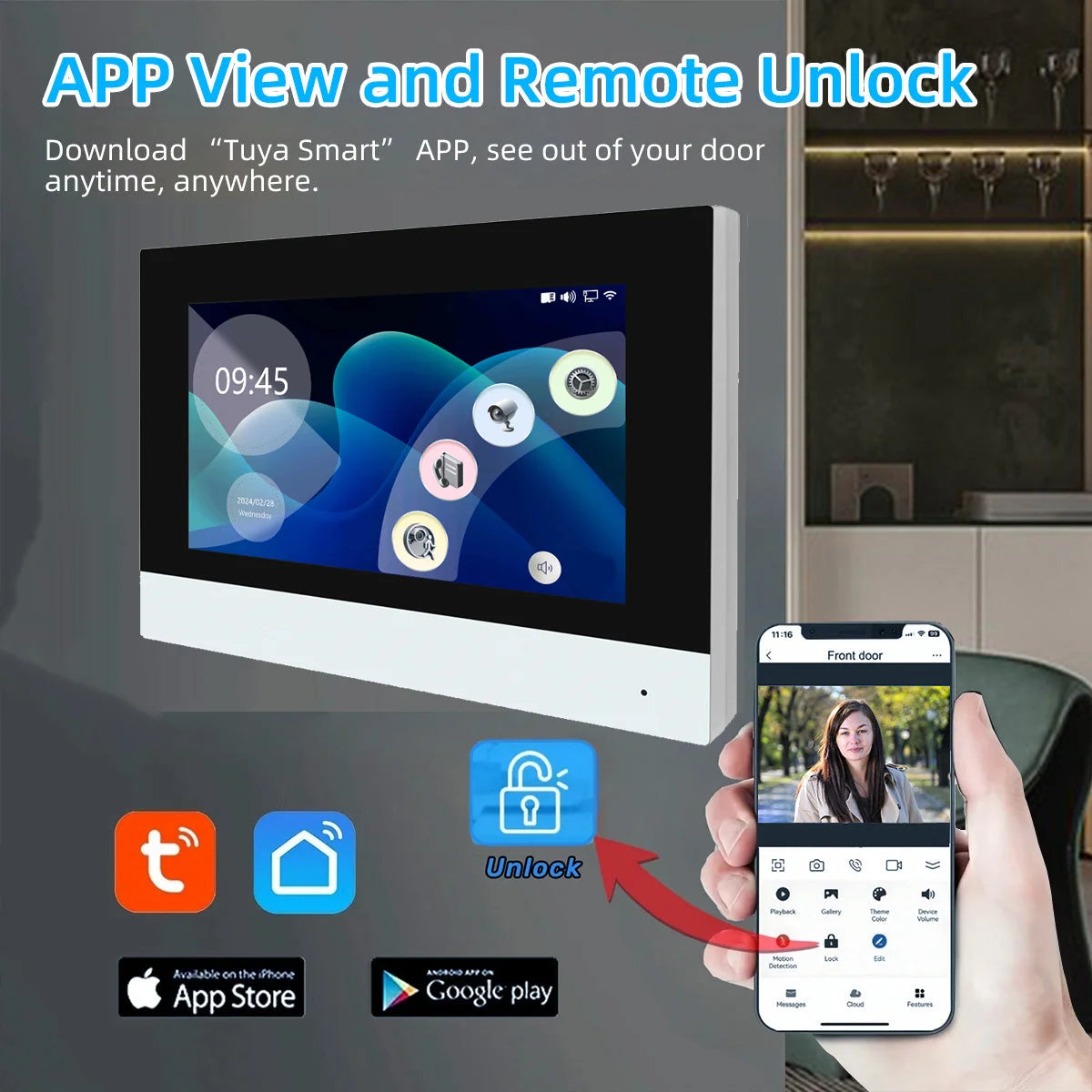 2-wire Video Intercom SystemSmart Home Tuya Wireless Wifi Video Intercom 1080P Video Doorphone 7" Color Touch Screen Doorbell