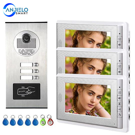 AnjieloSmart 2/3/4 Units Apartment Intercom System Video Doorbell Camera Aluminum Alloy 7" Monitor 7 RFID Card