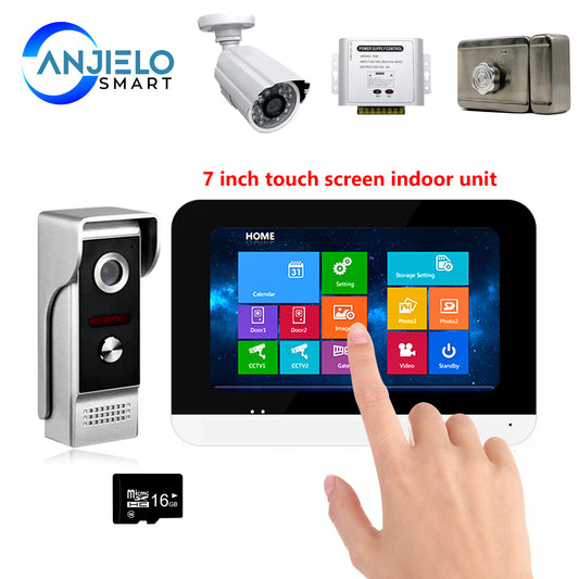 7 inch Touch Screen Video Intercom System with Security Camera 16G SD Card Electronic Lock Power Supply Access Control for Home