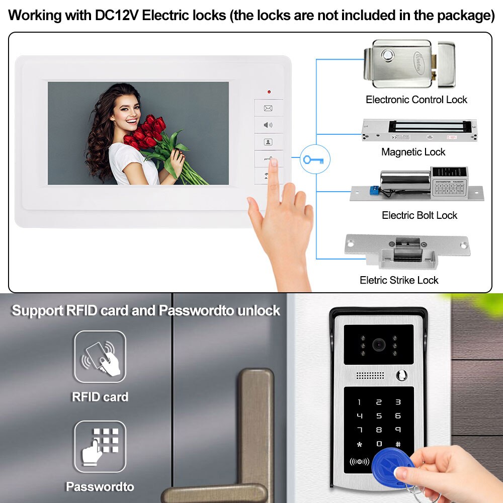 7" Home Wired Video Intercom RFID Video Camera Door Phone Intercom System for  Apartments Security Support Card Password Unlock