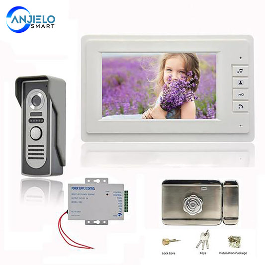 AnjieloSmart 7 Inch Wired Video Doorphone Intercom System with Access Control Power Supply Transformer + Home Electric Door Lock