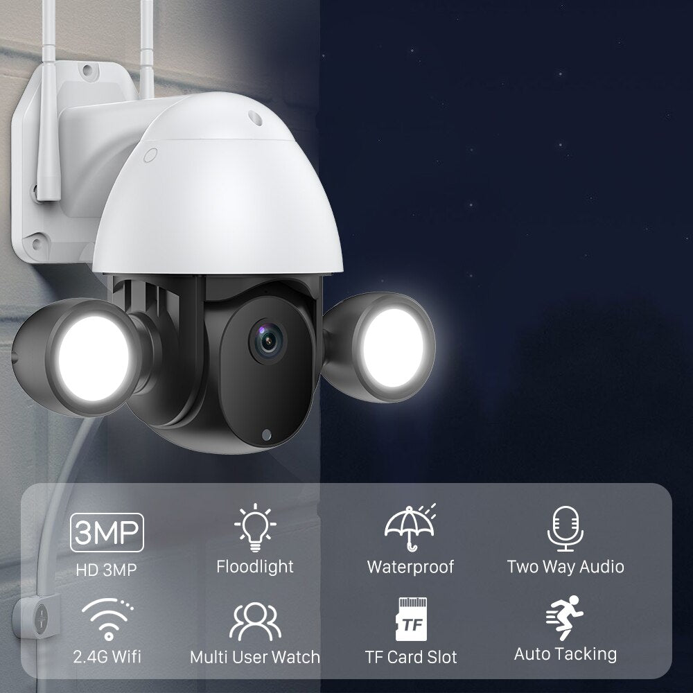 Cloud 3MP Tuya Floodlight WiFi Camera Outdoor 30M Color Night Vision Home Security Camera Auto Tacking Photo Alarm PTZ IP Camera