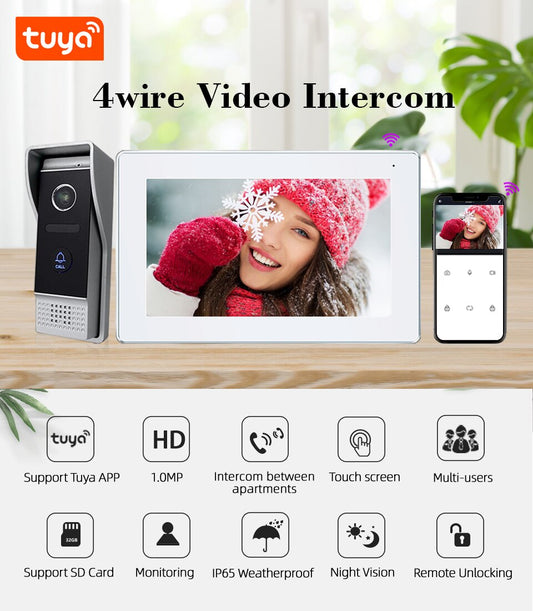 Tuya smart home 7” WIFI Video Intercom for home indoor Monitor 4 wire Motion Detection Doorbell with 2-way audio Outdoor camera