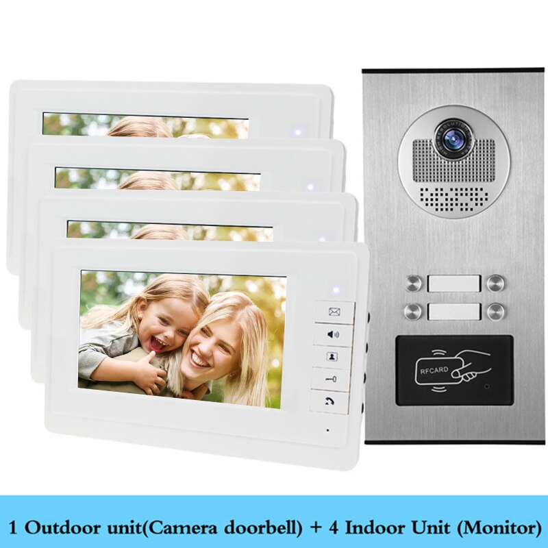 Wired Home 7 inch TFT Color Video Intercom Door Phone System RFID Camera Metal 700TVL with 2/3/4 Monitor for Multi Apartments