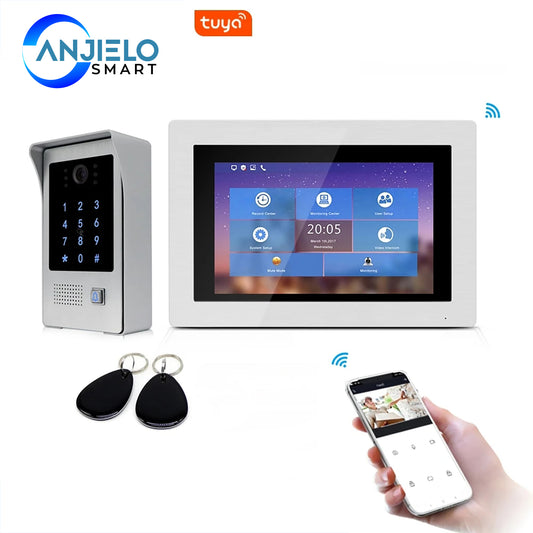 AnjieloSmart 1080P WiFi IP Video Doorbell with 7-Inch Touch Screen Remote Unlock Code Keypad RFIC Card Access Control