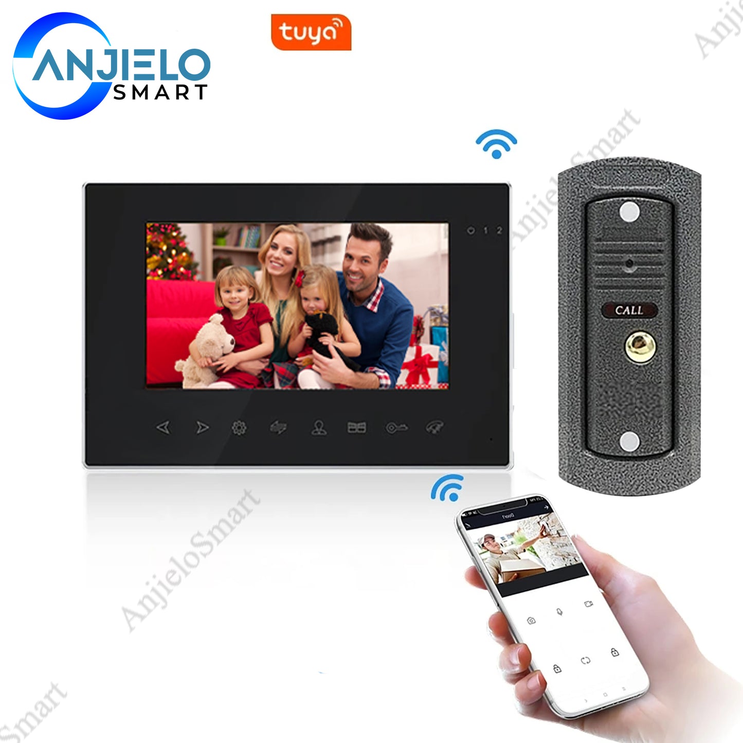AnjieloSmart Tuya 7 Inch WiFi Video Door Phone Intercom System with AHD Wired Doorbell Camera Remote Motion Detection
