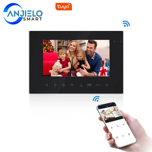 AnjieloSmart Tuya 7 Inch WiFi Video Door Phone Intercom System with AHD Wired Doorbell Camera Remote Motion Detection