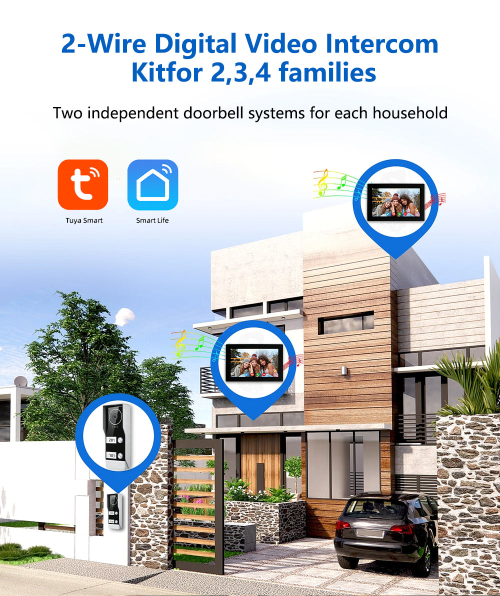 Anjielo 2 WIre Video Intercom Systems with 7/10 inch Video Monitor Video Doorbell VIdeo Doorphone Intercom for 1/2/3/4 Household