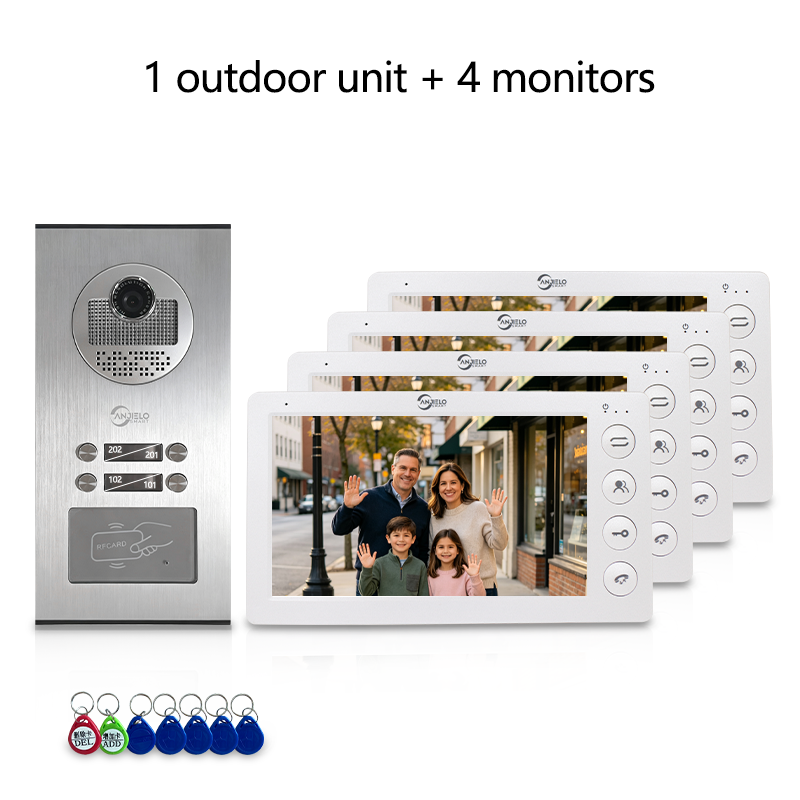 Anjielo 7 Inch Wired Multi Family Video Intercom System 2-12 Units Apartment Building Door Phone with RFID Unlock IP65 Waterproof Outdoor Station