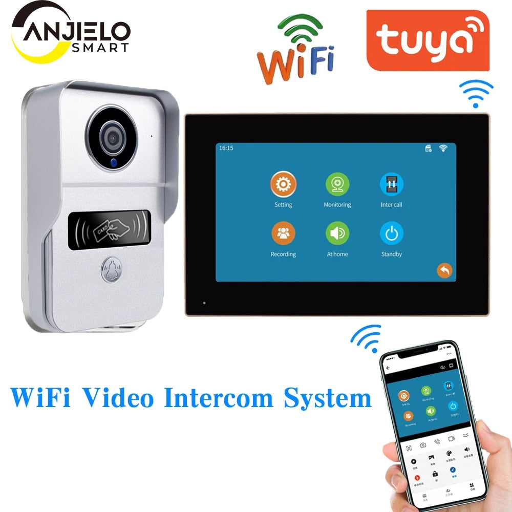 ANJIELOSMART 1080P Vidéo Interphone Porte CaméraTUYA Système de sonnette vidéo Wifi sans fil, Kits d'interphone vidéo pour Maison Villa Appartement 