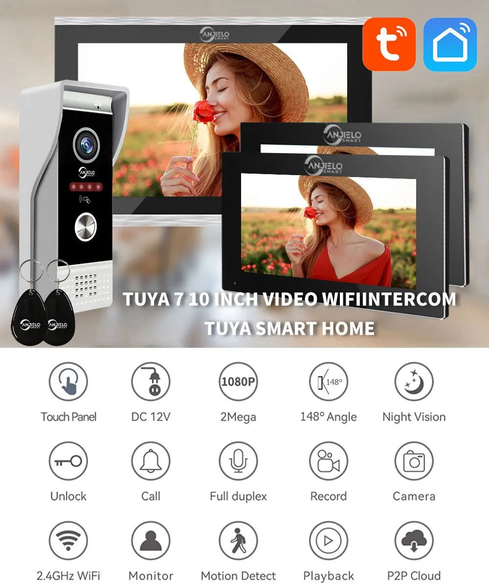 ANJIELO SMART 1080P videodeurbelcamera met 7 inch touchscreen, video deurbel, intercominstallatie (4 kabels), ondersteuning auto-opname, infrarood nachtzicht, PIR bewegingsdetectie (zwart ANJIELO SMART 1080P videodeurbelcamera met 7 inch touchscreen, video deurbel, intercominstallatie (4 kabels), ondersteuning auto-opname, infrarood nachtzicht, PIR bewegingsdetectie (zwart