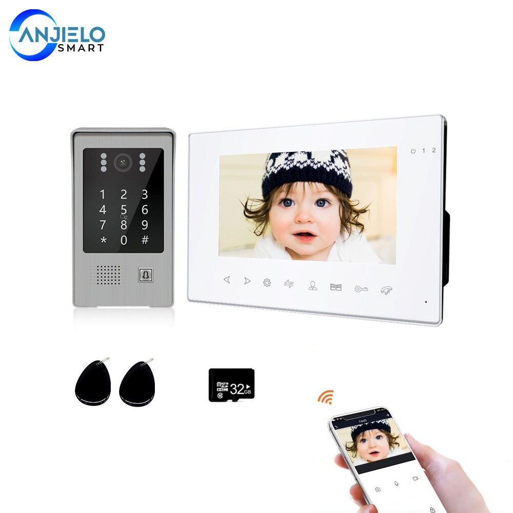 AnjieloSmart 7'' Wired Wifi Smart Video Intercom System with 1080P Doorbell for Home Security Support Record Password RFID Card