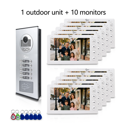 Anjielo 7 Inch Wired Multi Family Video Intercom System 2-12 Units Apartment Building Door Phone with RFID Unlock IP65 Waterproof Outdoor Station