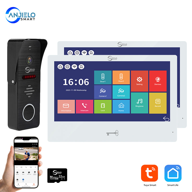 Anjielo Tuya 10 Inch Touch Screen Monitor Smart Home with 1080P 160°Wide View Angle Doorbell Camera Video Intercom System For Home