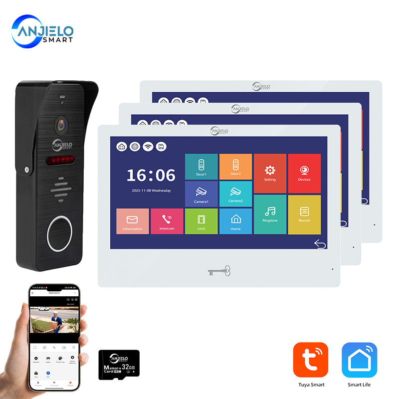 Anjielo Tuya 10 Inch Touch Screen Monitor Smart Home with 1080P 160°Wide View Angle Doorbell Camera Video Intercom System For Home