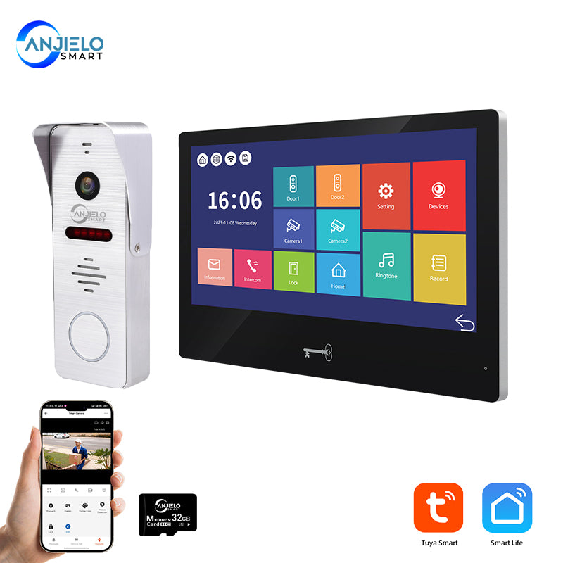 Anjielo Tuya 10 Inch Touch Screen Monitor Smart Home with 1080P 160°Wide View Angle Doorbell Camera Video Intercom System For Home