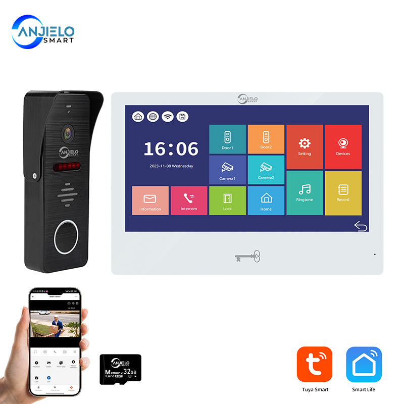Anjielo Tuya 10 Inch Touch Screen Monitor Smart Home with 1080P 160°Wide View Angle Doorbell Camera Video Intercom System For Home