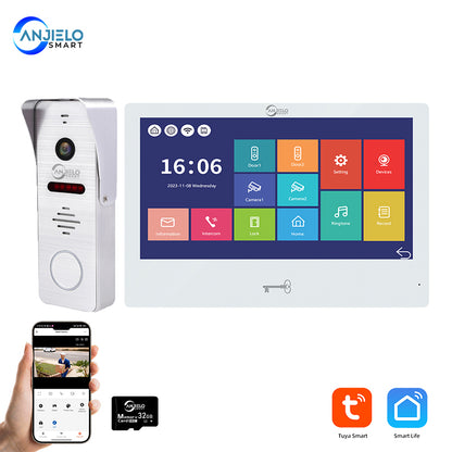 Anjielo Tuya 10 Inch Touch Screen Monitor Smart Home with 1080P 160°Wide View Angle Doorbell Camera Video Intercom System For Home
