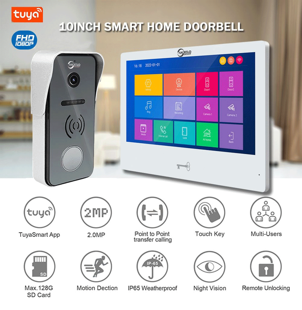 Anjielo 10 Inch Tuya Smart Video Intercom System, 1080P FHD Wired Video Door Phone, IP65 Waterproof Outdoor Station, Motion Detection, Night Vision, Remote Unlock for Villa Apartment