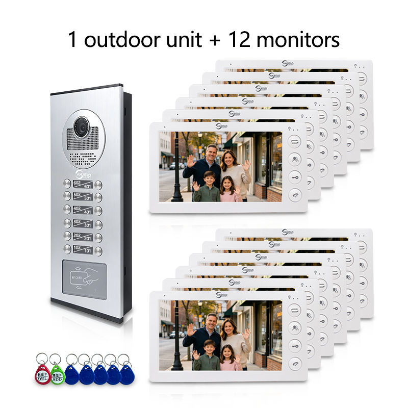 Anjielo 7 Inch Wired Multi Family Video Intercom System 2-12 Units Apartment Building Door Phone with RFID Unlock IP65 Waterproof Outdoor Station