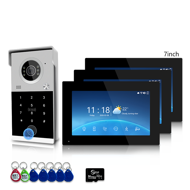 Anjielo 4 Wire Video Intercom System with 7/10 inch Touch Monitor, Digital Photo Frame, Music Playback, 5-in-1 Unlock (Fingerprint/Password/ID Card/Indoor Unit/Tuya App), Motion Detection & Infrared Night Vision for Villa Home