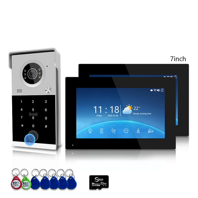 Anjielo 4-Line Video Intercom System with 7/10 inch Touch Monitor, Digital Photo Frame, Music Playback, 5-in-1 Unlock (Fingerprint/Password/ID Card/Indoor Unit/Tuya App), Motion Detection & Infrared Night Vision for Villa Home