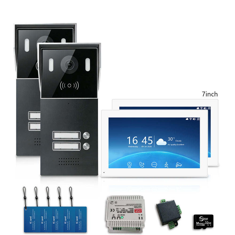 Anjielo 2-Wire Multi-Tenant Video Intercom System with Tuya App, 7/10-Inch Touch Screen, 2MP CMOS, IP65 Doorbell & 128GB TF Card