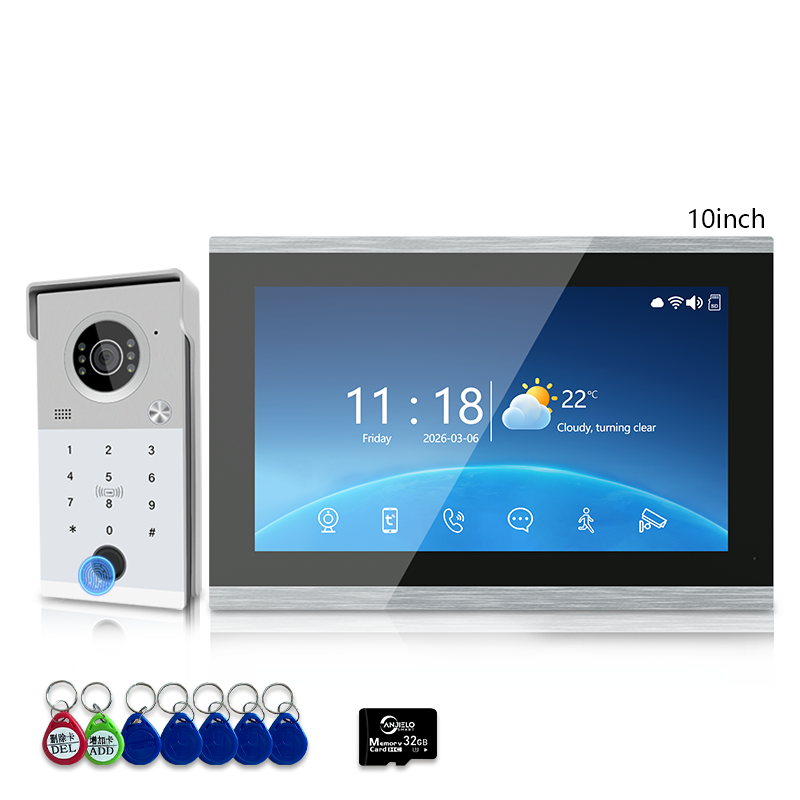 Anjielo 4-Line Video Intercom System with 7/10 inch Touch Monitor, Digital Photo Frame, Music Playback, 5-in-1 Unlock (Fingerprint/Password/ID Card/Indoor Unit/Tuya App), Motion Detection & Infrared Night Vision for Villa Home