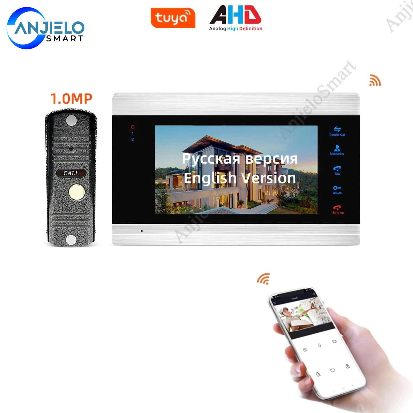 AnjieloSmart 1080P/AHD 7'' WiFi Smart IP Video Door Phone Intercom System with Waterproof AHD Doorbell Camera, Support Remote unlock