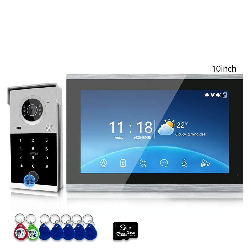 Anjielo 4-Line Video Intercom System with 7/10 inch Touch Monitor, Digital Photo Frame, Music Playback, 5-in-1 Unlock (Fingerprint/Password/ID Card/Indoor Unit/Tuya App), Motion Detection & Infrared Night Vision for Villa Home