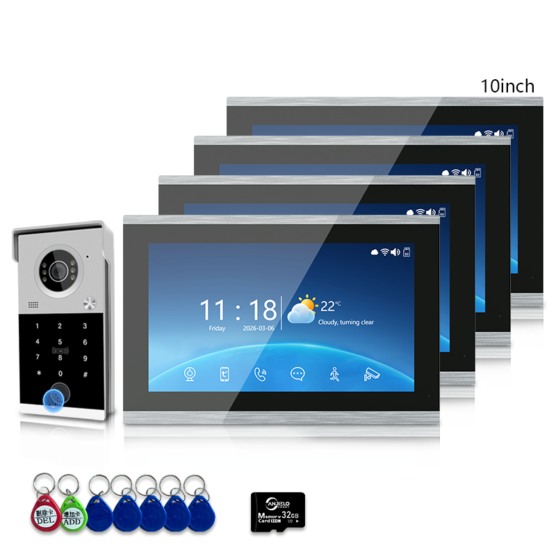 Anjielo 4 Wire Video Intercom System with 7/10 inch Touch Monitor, Digital Photo Frame, Music Playback, 5-in-1 Unlock (Fingerprint/Password/ID Card/Indoor Unit/Tuya App), Motion Detection & Infrared Night Vision for Villa Home
