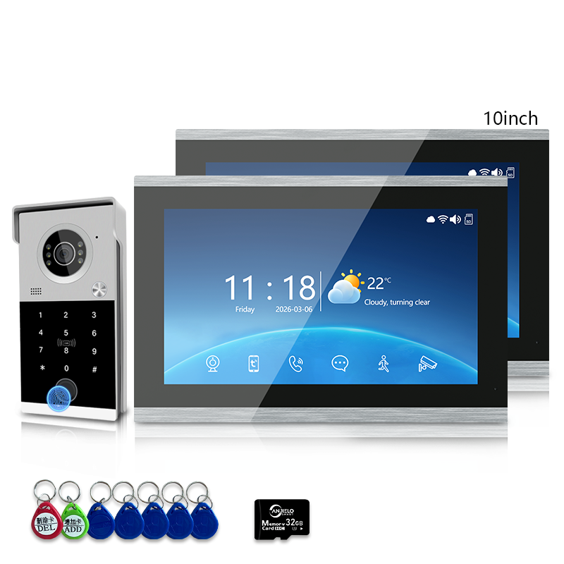 Anjielo 4-Line Video Intercom System with 7/10 inch Touch Monitor, Digital Photo Frame, Music Playback, 5-in-1 Unlock (Fingerprint/Password/ID Card/Indoor Unit/Tuya App), Motion Detection & Infrared Night Vision for Villa Home