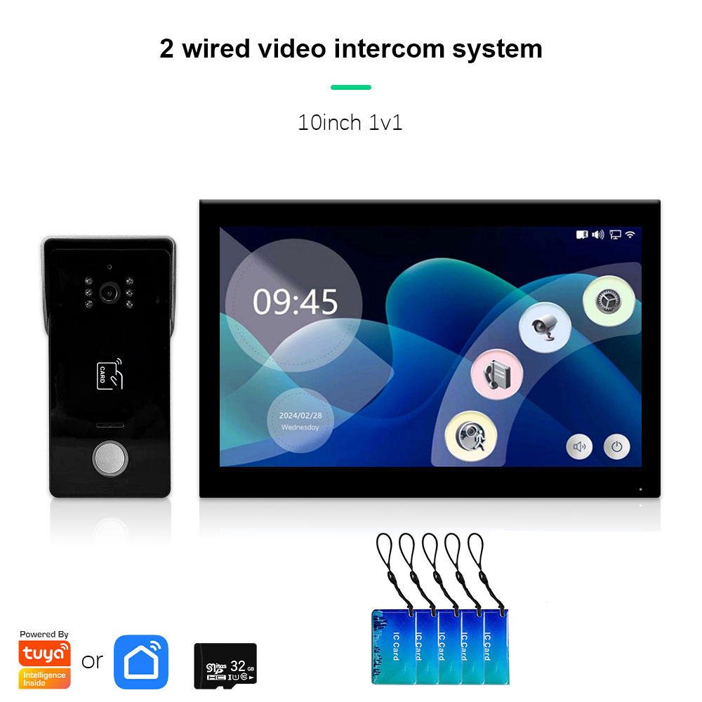 Anjielo two Wire door intercom system Tuya smart home with night vision camera doorbell and RFID card unlocking 7/10 touch screen security system