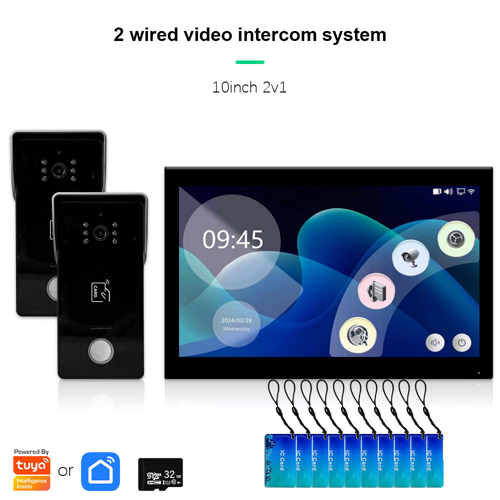 Anjielo two Wire door intercom system Tuya smart home with night vision camera doorbell and RFID card unlocking 7/10 touch screen security system