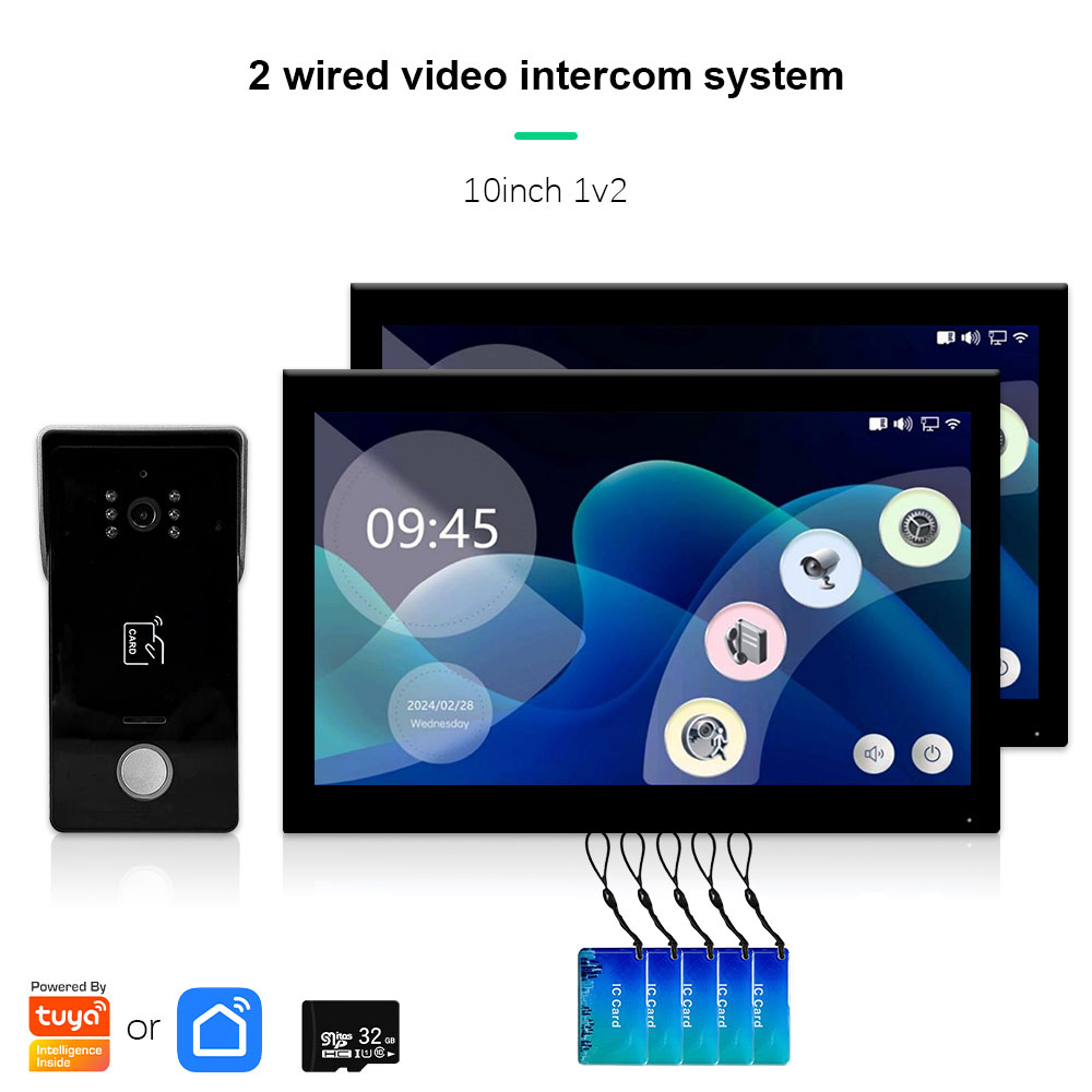 Anjielo two Wire door intercom system Tuya smart home with night vision camera doorbell and RFID card unlocking 7/10 touch screen security system