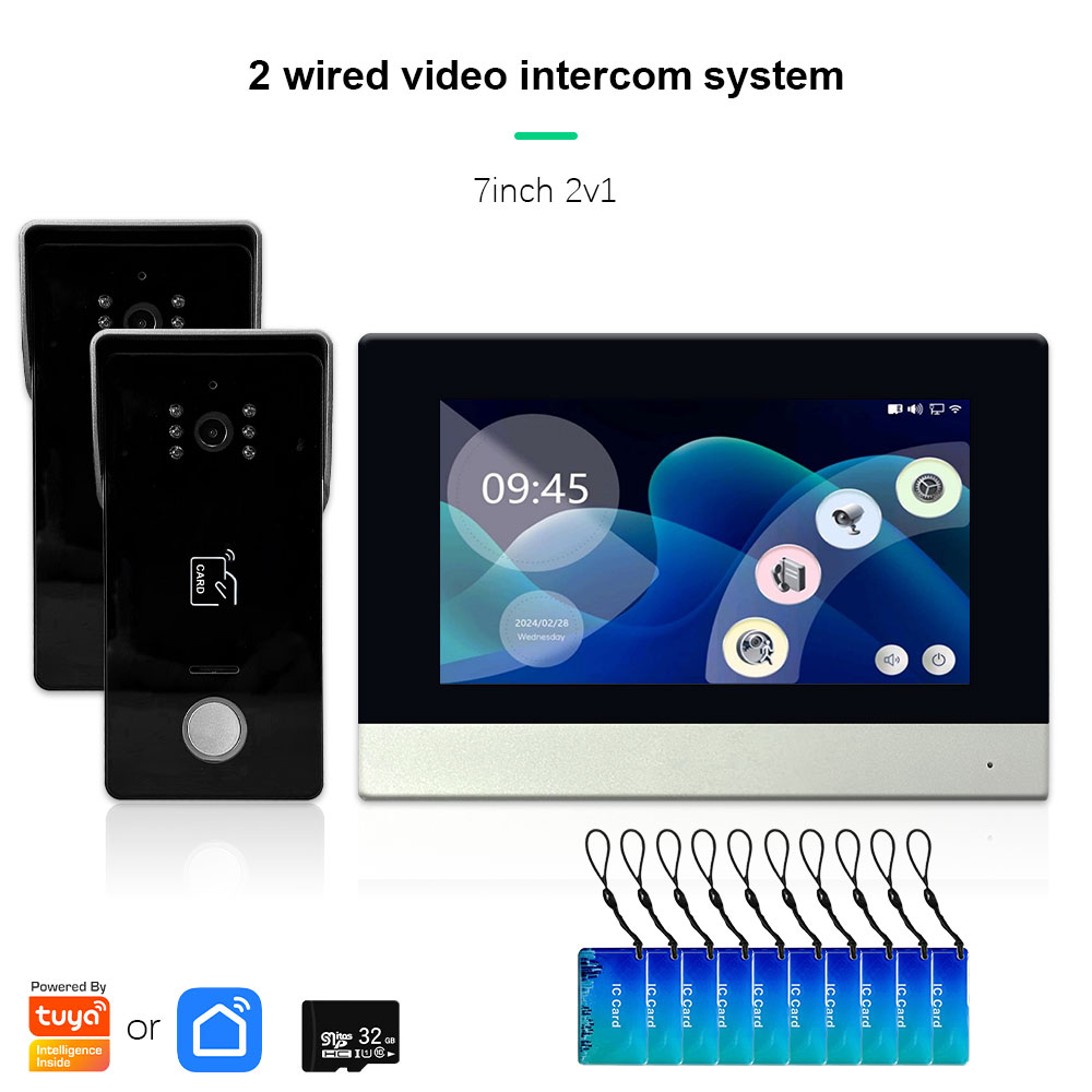 Anjielo two Wire door intercom system Tuya smart home with night vision camera doorbell and RFID card unlocking 7/10 touch screen security system