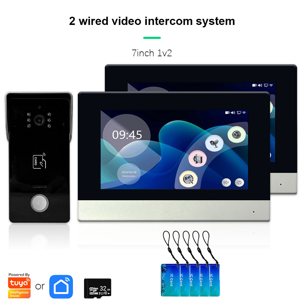 Anjielo two Wire door intercom system Tuya smart home with night vision camera doorbell and RFID card unlocking 7/10 touch screen security system