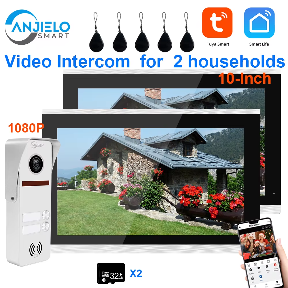 Anjielo Smart Wifi Intercom System Tuya 7/10 Inch Full Touch Display Tuya Smart Home Multi-family Doorbell System 1080P 160° Wired Doorbell Camera