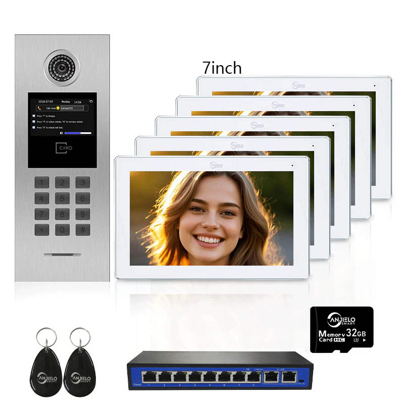 Tuya Smart Video Intercom System 6 Units 7 Inch IP Video Intercom Phone for Apartment Building Security Home Access Control System with Number Keypad and IC Card and Work for 1 -9999 Individual Units