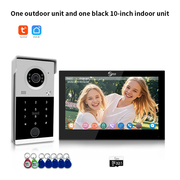 Anjielo 4 wire 7/10 Inch Monitor Video Doorphone 1080P Tuya Smart Video Intercom System Video Doorbell Camera with RFID Card Unlcok Fingerprint and Passcode Unlock for Villa and Apartment