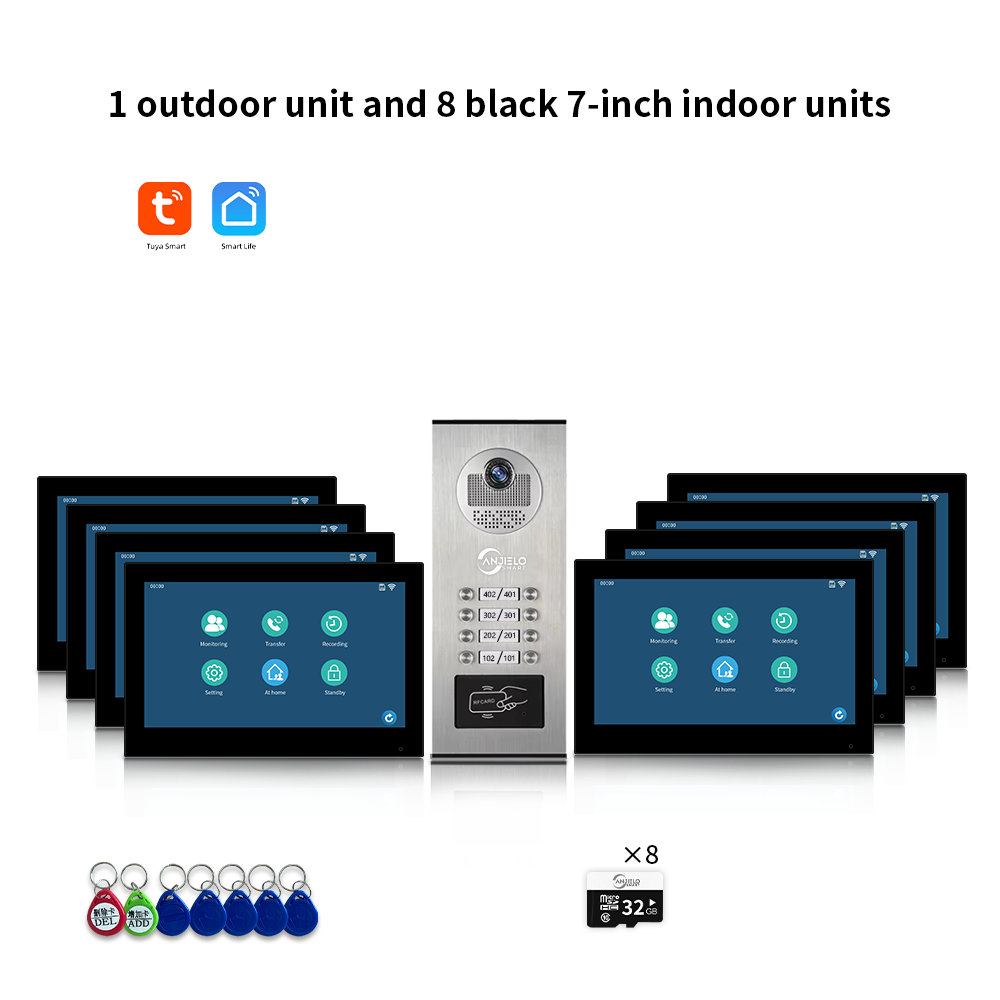 Anjielo Smart 1080P Tuya Smart Video Doorphone for Multi-Apartment Metal Doorbell Video Intercom System AHD 7inch Monitor