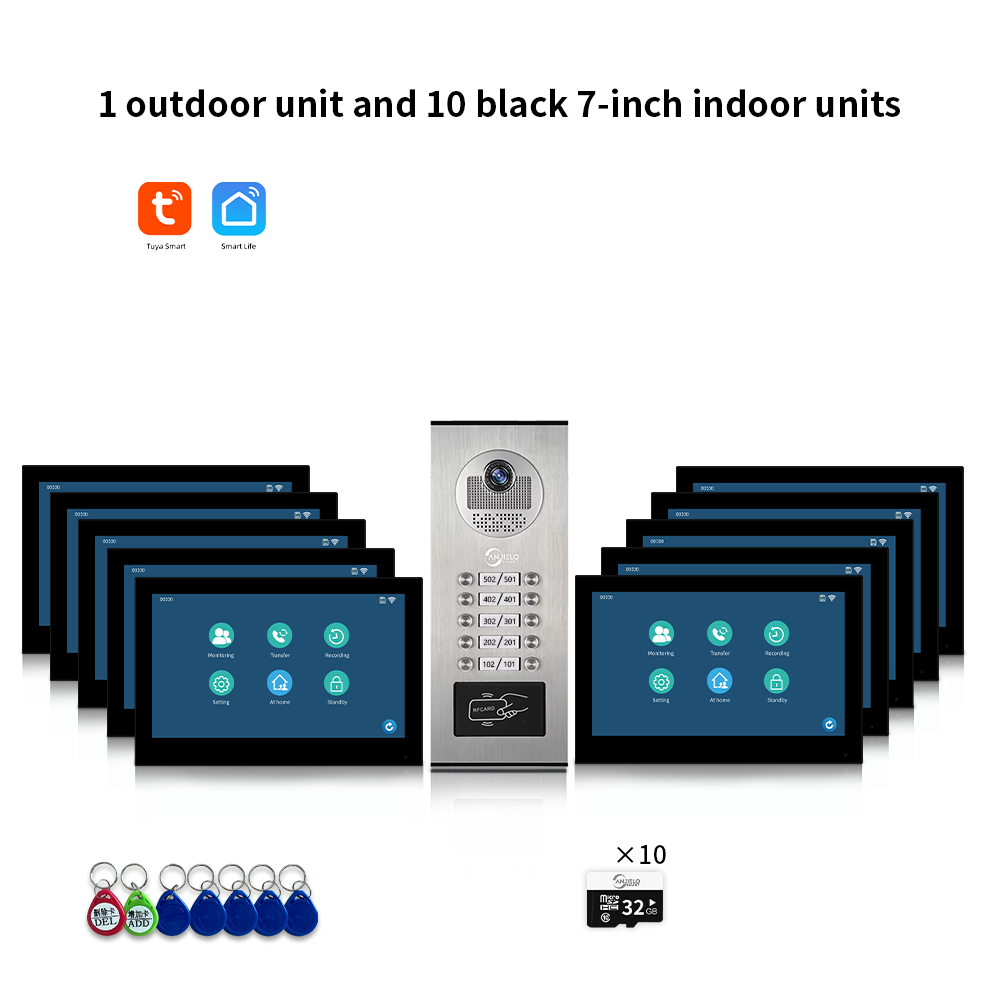 Anjielo Smart 1080P Tuya Smart Video Doorphone for Multi-Apartment Metal Doorbell Video Intercom System AHD 7inch Monitor